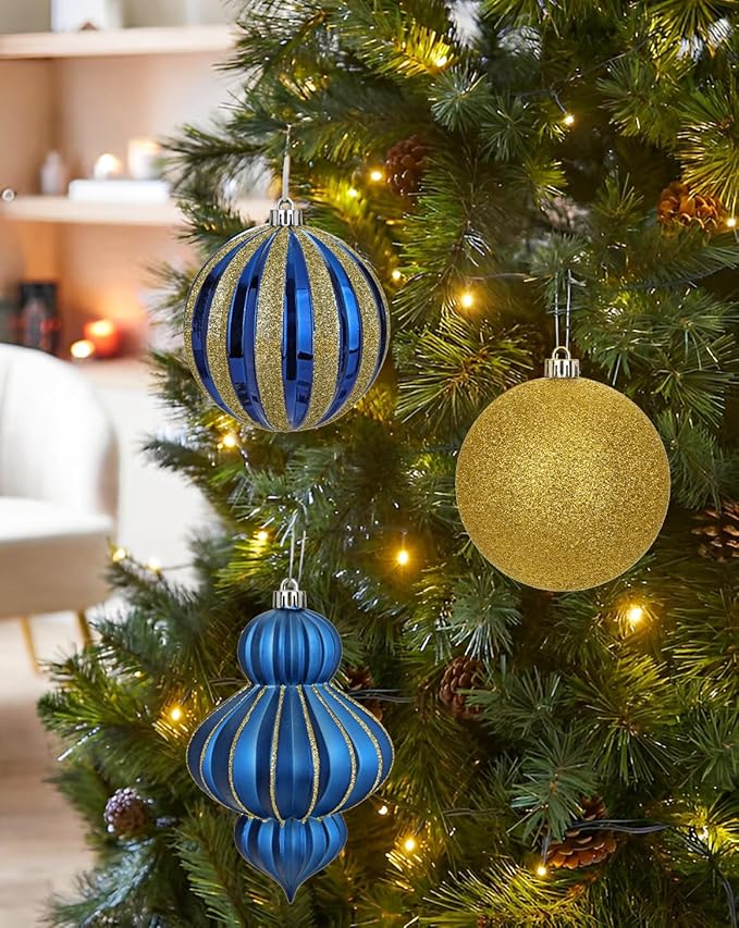 4" Christmas Ball Ornaments Set 12PCS Large Shatterproof Plastic Ornaments Christmas Tree Ball Hanging Ornaments for Xmas Tree Wedding Party Holiday Decorations - Navy Blue, Gold