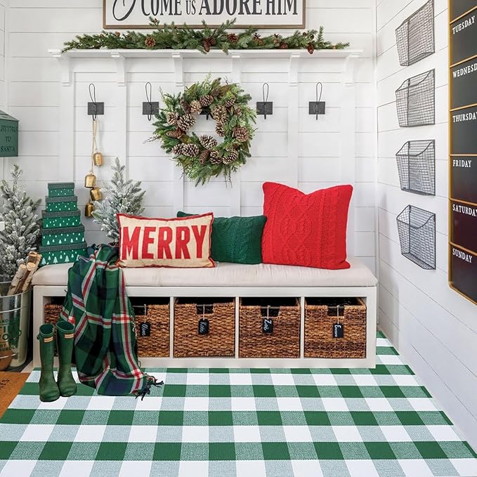 Green & White Christmas Plaid Rug, 4' x 6' Check Indoor/Outdoor Area Rug, Hello/Welcome Door Mat Layering Rug, Machine Washable Cotton Woven Rugs for Farmhouse Front Porch, Entryway