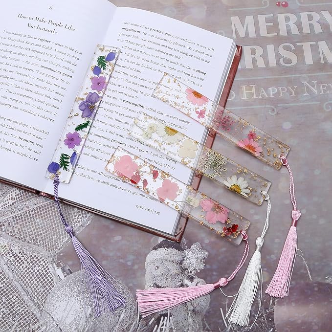 Dried Flower Bookmarks with Tassels, Kaluofan 4PCS Bookmarks for Women, Durable Handmade Dried Flower Resin Bookmarks, Pretty and Increase Reading Interest, (FB04)
