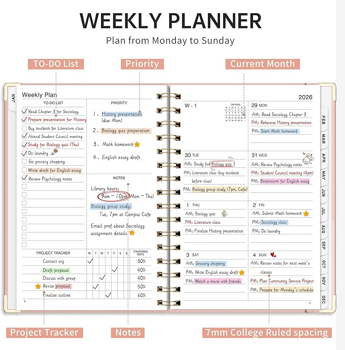 2026 Planner, Weekly and Monthly, A5 Size (5.7" x 8.3"), Jan 2026 - Dec 2026, Calendar, To-do List, Agenda, 12-Month Tabs, Hardcover, 100 GSM Thick Paper, Spiral-bound (Pink)