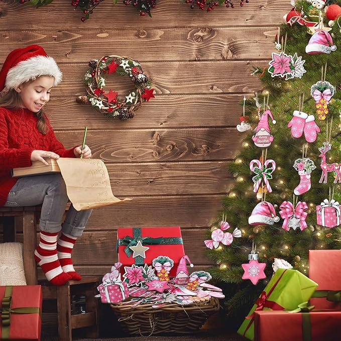 Huwena 36 Pcs Pink Christmas Wooden Ornaments Pink Christmas Decorations for Tree Snowman Gnomes Poinsettia Flowers Truck Wreath Wood Cutouts Tags with Ropes Winter Decor for Xmas Tree Gifts