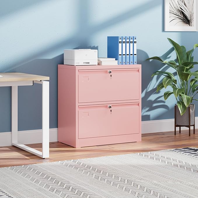 METAN Upgrade Metal 2 Drawer Lateral Files Cabinet for Home Office, Lockable Steel Wide File Storage Cabinet for Hanging Legal/Letter A4 Size, Assembly Required,Pink
