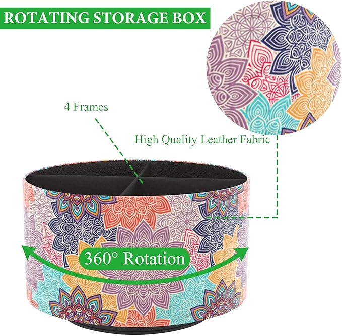 Hennaja Round Leather Art Supply Organizer,Remote Control Holder,360 Degree Rotating,Multi-Functional Pencil Holder,4 Compartments Desktop Stationary Organizer(1-Colorful Flower)