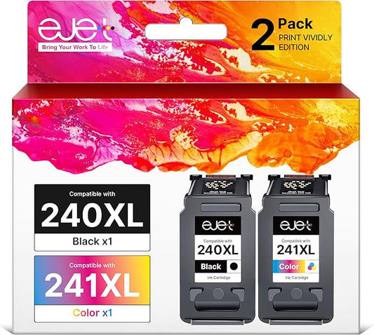 ejet PG-240XL/CL-241XL Ink Cartridge Replacement for Canon 240XL 241XL Combo Pack for Canon 240 241 High Capacity for Printer Pixma MG3620 TS5120 MG2120 MG3520 MX452 MX512 MX532 MX472 (2 Pack)