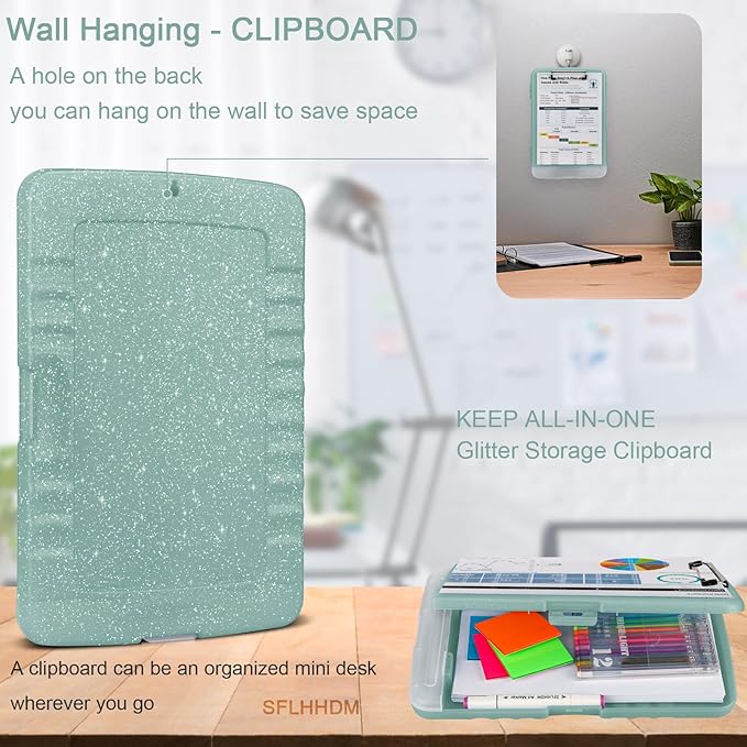 Glitter Clipboard with Storage,Storage Clipboard with Pen Holder,A4 Binder Clip Boards 8.5x11 with Low Profile Clip,Side Opening Sparkle Clipboards, Clipboards Folder for Office Supplies-Grayish Green