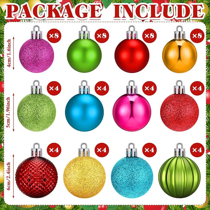 64 Pcs Neon Christmas Ball Ornaments Bright Christmas Ornaments Shatterproof Glitter Neon Red Pink Yellow Blue Green Xmas Baubles 1.6/1.97/2.4 Inch 80s 90s Christmas Ornaments for Tree Home