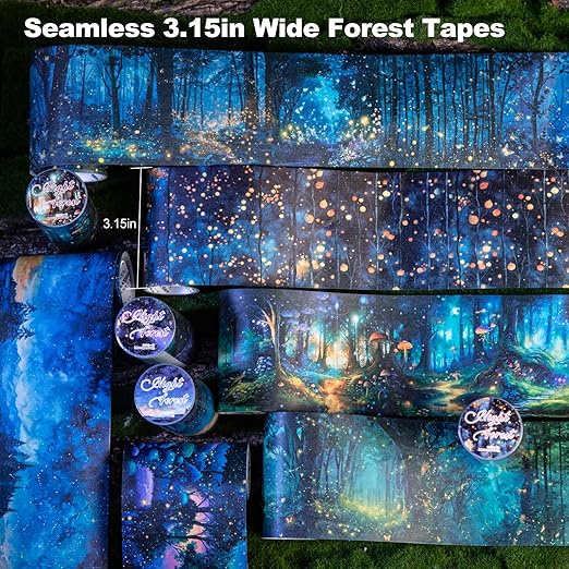 Night Forest Seamless Washi Tape Scrapbook Kit – 6 Rolls with Starry Sky, Fairy Woods & Twilight Designs for Journaling, DIY Crafts, Gift Wrapping, Card Making, Decoration, 3.15in Wide