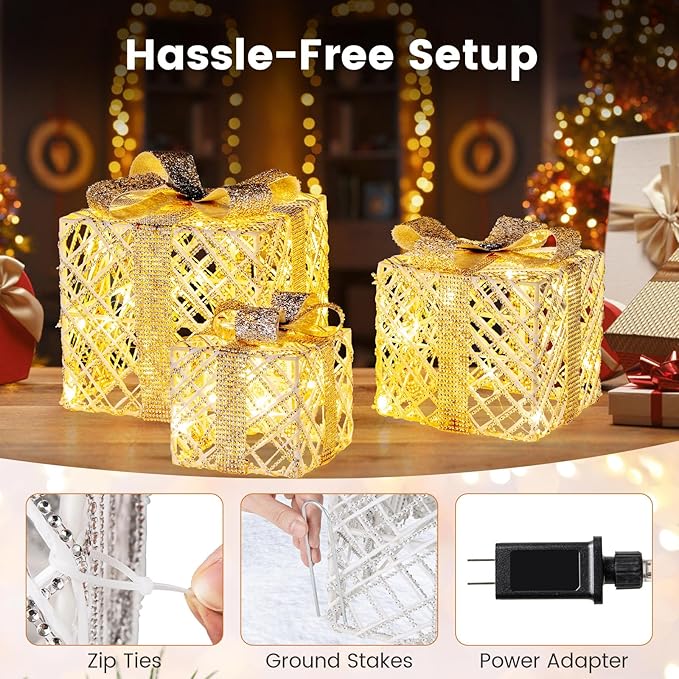 Tangkula Set of 3 Lighted Box, Pre-Lit Festive Boxes w/ 50 LED Lights, Detachable Bows & Sparkling Crystals, Indoor Outdoor Rope-Woven Present Boxes for Yard, Home