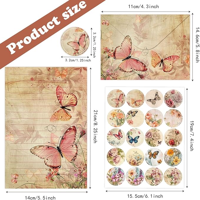 160 Packs Stationery Paper and Envelopes Set 10 Different Designs, 50 One Sided Stationery Writing Papers with 50 Matching Envelopes and 60 Round Dot Sticker, 5.5 x 8.25 Inch (VintagePlant)