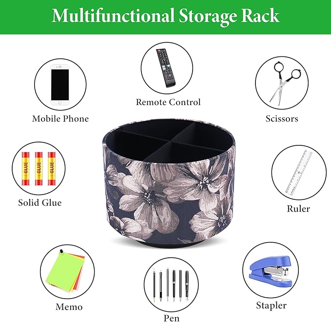 QIELIZI Round Leather Art Supply Organizer,Remote Control Holder,360 Degree Rotating,Multi-Functional Pencil Holder,4 Compartments Desktop Stationary Organizer(1-Dahlia Light Brown)