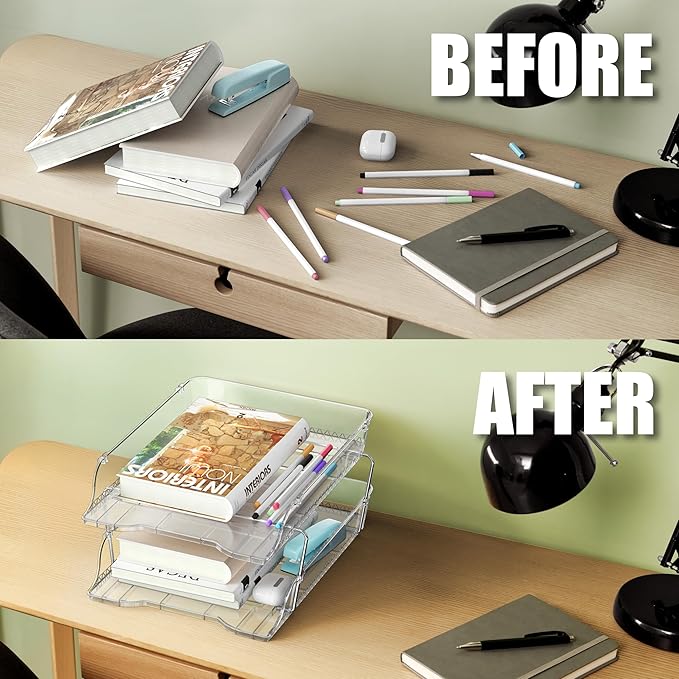 Simple Houseware 2-Tier Clear Stackable Letter Tray Organizer – Desktop File Holder for A4/Letter Size Paper, Document Sorter, Office Desk Paper Organizer, Transparent File Storage