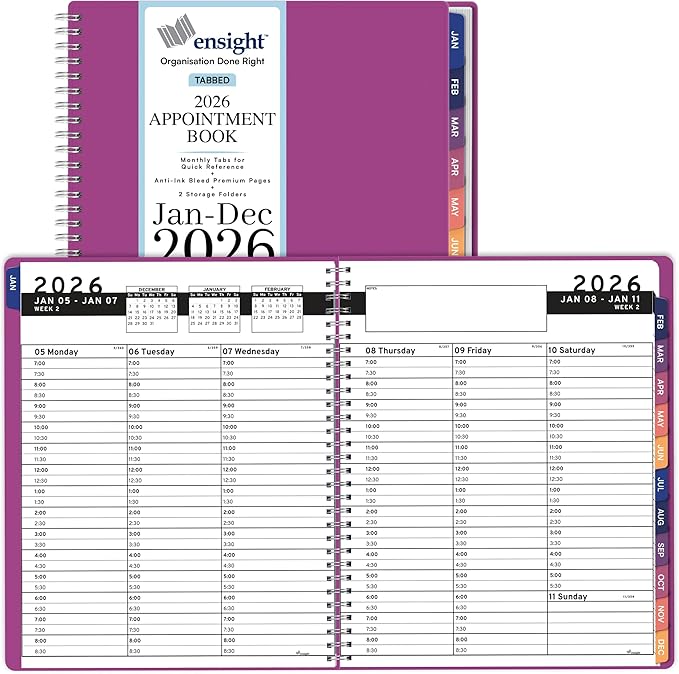 Ensight 2026 Appointment Book and Planner 6.5" x 8.5" Large Hourly Weekly Daily Schedule Book with Tabs, 30 Minute Time Slots, Magenta Calendar Organizer Jan 2026–Dec 2026 Appointment Planner - Magenta