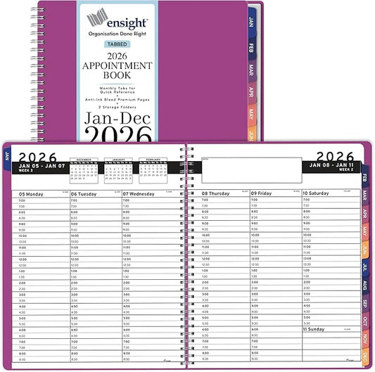 Ensight 2026 Appointment Book and Planner 6.5" x 8.5" Large Hourly Weekly Daily Schedule Book with Tabs, 30 Minute Time Slots, Magenta Calendar Organizer Jan 2026–Dec 2026 Appointment Planner - Magenta