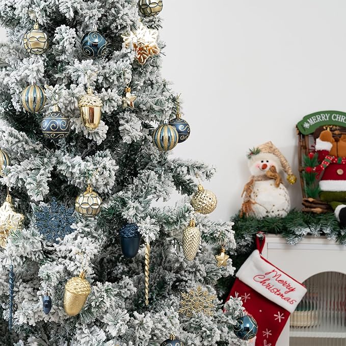 110Pcs Christmas Ball Ornaments Set, Assorted Blue and Gold Christmas Ornaments for Xmas Tree, Shatterproof Plastic Baubles Hanging Decorations for Holiday/Party/Wedding