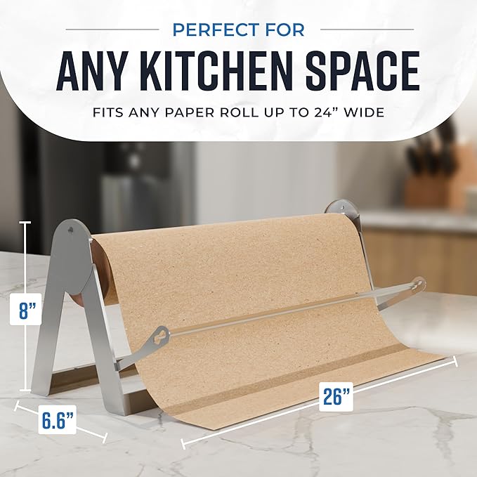 Bryco Goods 24 Inch Paper Roll Dispenser and Cutter, Wall Mountable & Non-Slip Tabletop, Heavy-Duty Steel Frame – Kraft, Butcher, Freezer, Wrapping Paper Holder – for Home, Office, Craft Projects