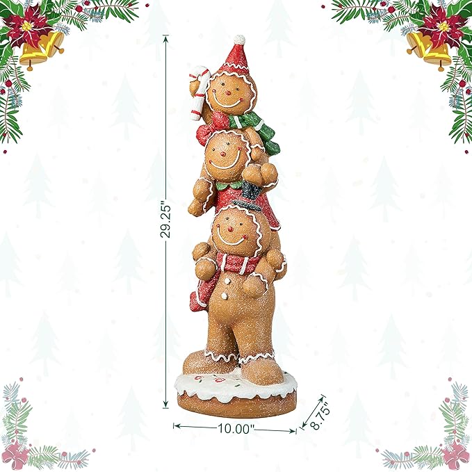 Glitzhome 29.25"H Christmas MGO Stacked Gingerbread Man Porch Decor, Xmas Winter Patio Front Porch Indoor Outdoor Home Standing Decor