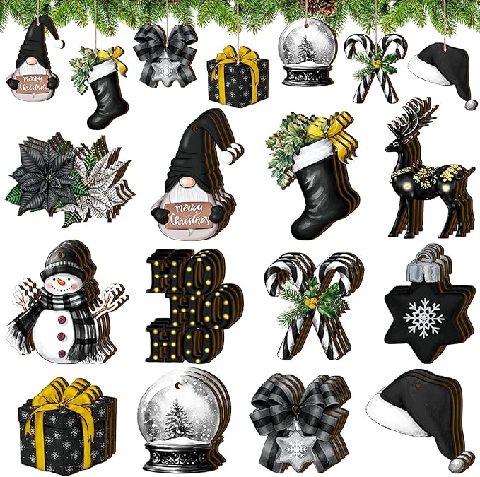 Huwena 36 Pcs Black Christmas Wooden Ornaments Black Christmas Decorations for Tree Snowman Gnomes Poinsettia Flowers Truck Wreath Wood Cutouts Tags with Ropes Winter Decor for Xmas Tree Gifts