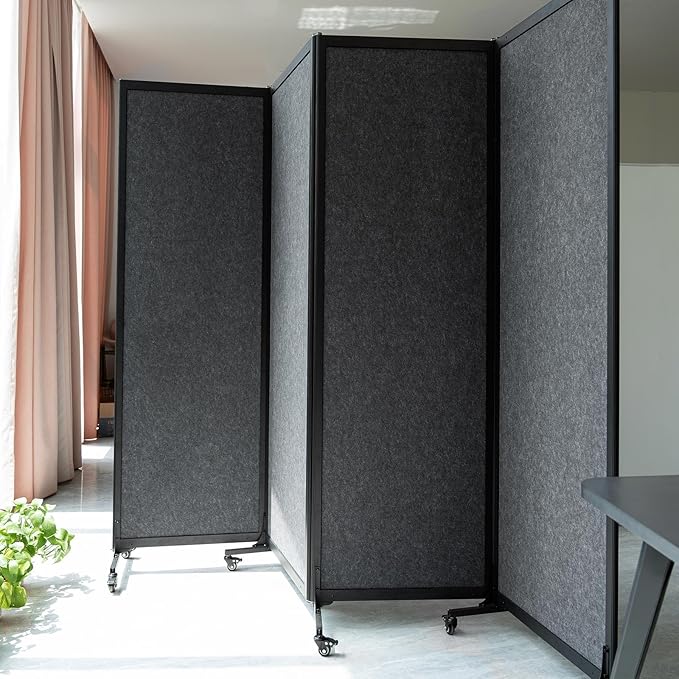 Upgrade Version Room Partition and Divider, Freestanding Rolling Dividers with Wheels,Office Privacy Screen Divider Wall,Classroom Felt Dividers,8'2"L* 6'7"H,4 Panel，Dark Grey