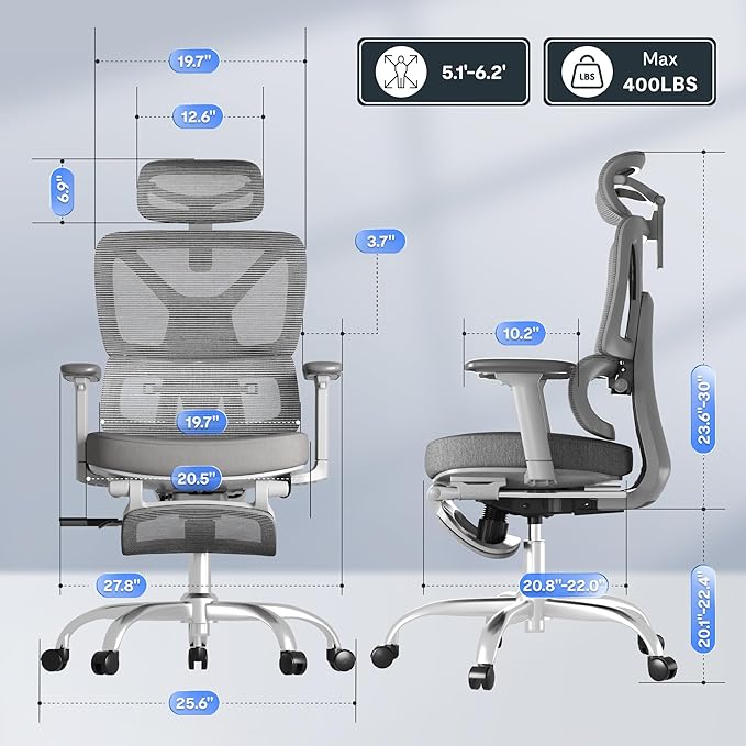 FLEXISPOT ErgoX Premium Ergonomic Office Chair with Footrest- Adjustable 3D Armrests, Dynamic Lumbar Support, Recline & Tilt Function, Mesh Seat, for Home & Office Use,Foam Grey