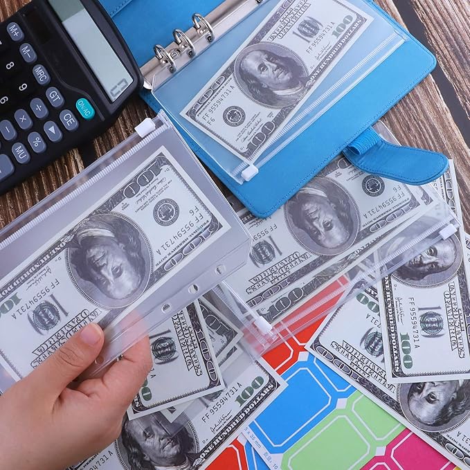 Antner A6 Budget Binder with Zipper Cash Envelopes for Money Organizer & Budgeting, PU Leather Budget Planner Money Saving Binder with Cash Stuffing Envelopes & Labels for Home Office Travel, Sky Blue