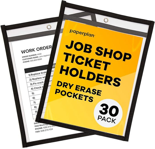 Job Ticket Holders 9x12 - (30 Pack), 8.5 x 11 Letter Size, Dry Erase Pockets, Clear & Black Plastic Sleeves - Reusable, Water-Resistant