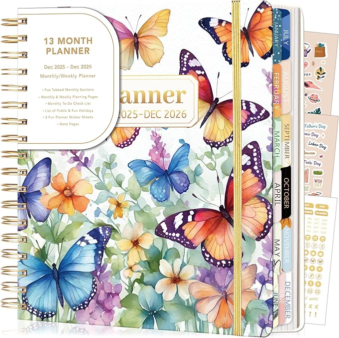 CAGIE 2026 Planner Weekly and Monthly from Dec 2025 to Dec 2026 Hardcover Spiral Bound Calendar Floarl Yearly Agenda Planners for Women with Stickers, 8.3 x 9.1, White Butterfly