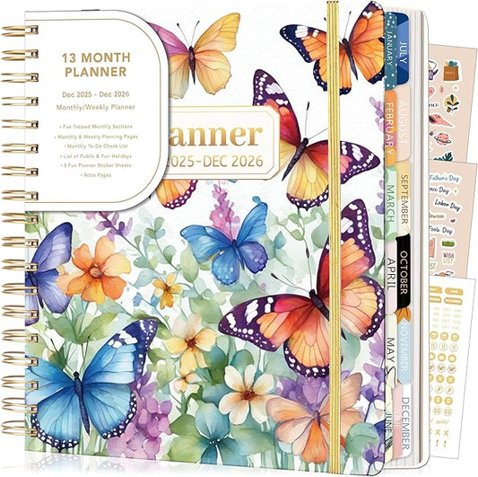 CAGIE 2026 Planner Weekly and Monthly from Dec 2025 to Dec 2026 Hardcover Spiral Bound Calendar Floarl Yearly Agenda Planners for Women with Stickers, 8.3 x 9.1, White Butterfly
