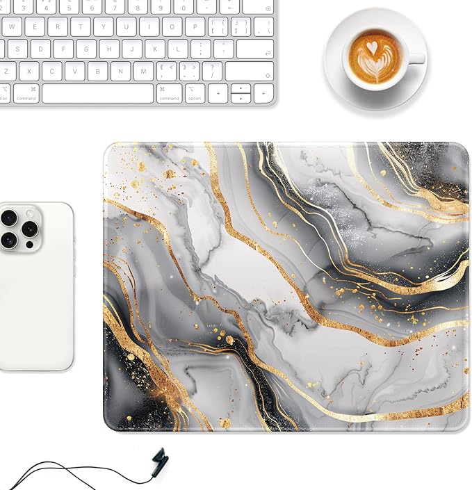 Auhoahsil Mouse Pad, 12 x 10 in Luxury Marble Theme Computer Mouse Pad for Desk, Premium-Textured Non-Slip Rubber Stitched Edges Waterproof Square Mouse Mat for Gaming Work Wireless Mice, Gray Gold