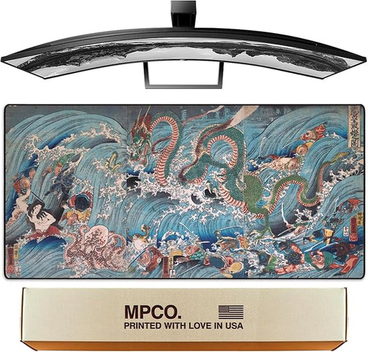 MPCO. Ukiyo-E Large Gaming Desk Pad - 36" x 17" Aeroglyde Fabric Dragon King Desk Mats - Washable, Smooth Glide for Precision Gaming & Work