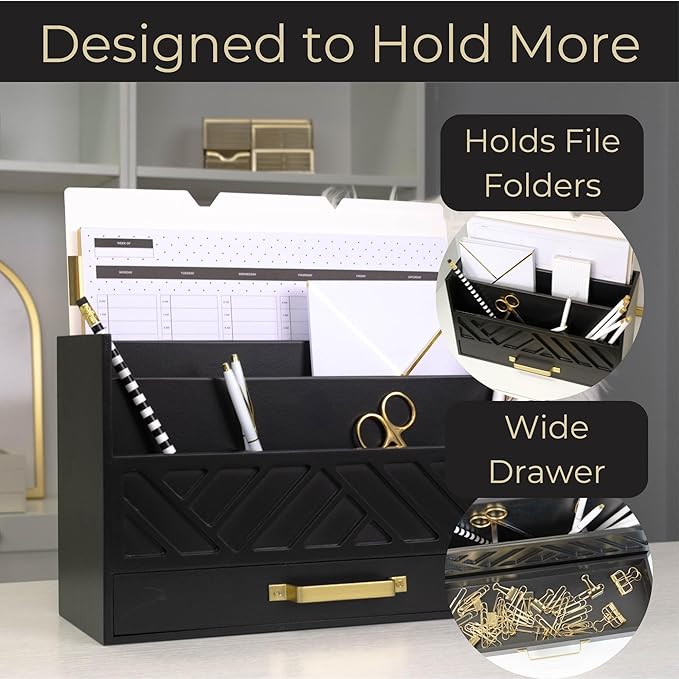 BLU MONACO Black Mail Organizer with Drawer and Gold Handle – Desktop Mail Holder and Office Supplies Storage – Home Office Desk Accessories – Letter Sorter and Paper Organizer