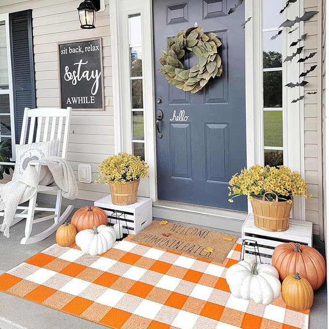 Buffalo Plaid Outdoor Rugs, 3'x5' Orange and White Checkered Indoor/Outdoor Area Rug, Layering Rug for Hello/Welcome Door Mat, Washable Cotton Woven Farmhouse Mat for Fall Front Porch Décor
