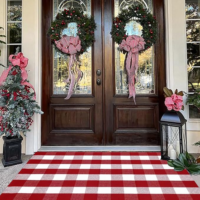 Buffalo Plaid Outdoor Rug, 3'x5' Red&White Christmas Check Indoor/Outdoor Area Rug, Layering Rug for Hello/Welcome Door Mat, Machine Washable Cotton Woven Rug for Farmhouse Front Porch, Entryway