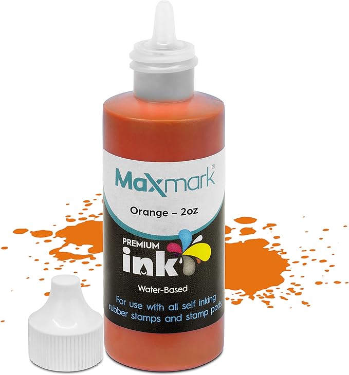 MaxMark Premium Refill Ink for self Inking Stamps and Stamp Pads, Orange Color - 2 oz.