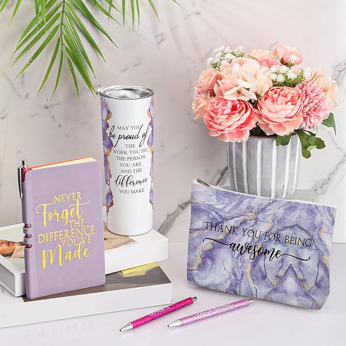 Domensi 6 Pcs Employee Appreciation Gift Set for Women Female Thank You Gift May You Be Proud 20 oz Rustic Marble Sign Tumbler Makeup Bag Journal for Teacher Nurse Lady Work Business(Purple)