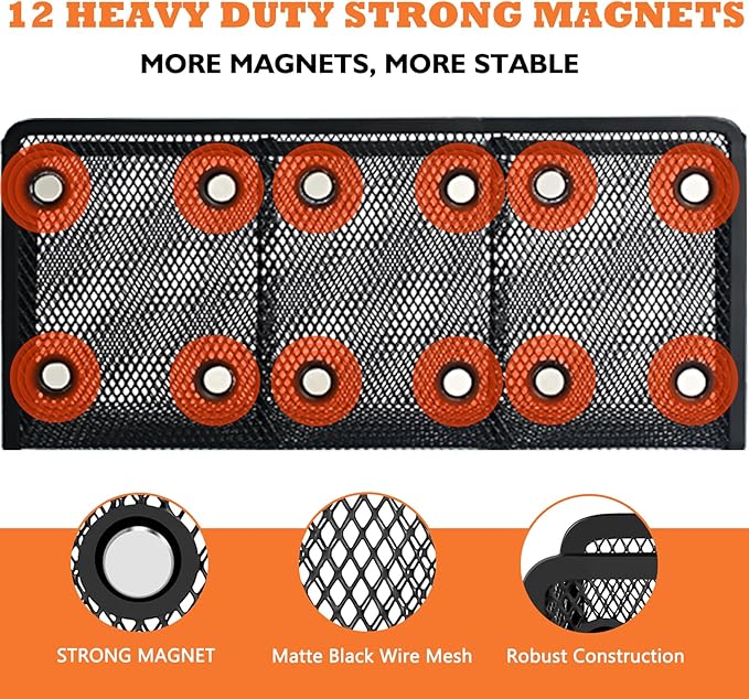 Ameceres Magnetic Pencil Holder - Extra Strong Magnets Mesh Marker Holder Perfect for Whiteboard, Refrigerator and Locker Accessories (3 Baskets, 1 Pack Black)