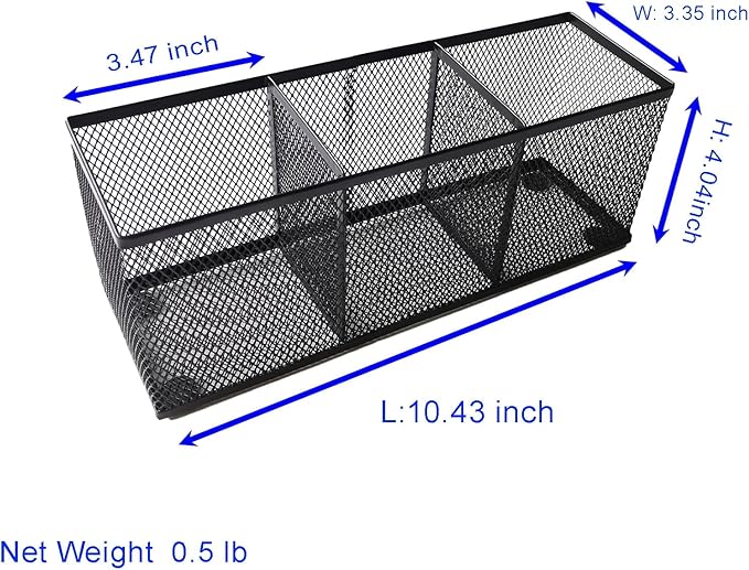 New Pencil Holder, Metal Mesh Pen Holder Desk Organizer 3 Compartments for Office School Home Supplies or Accessories,Kitchen Utensil,Small 10.43 x 3.3 x4 inch, Black(1pc pack)