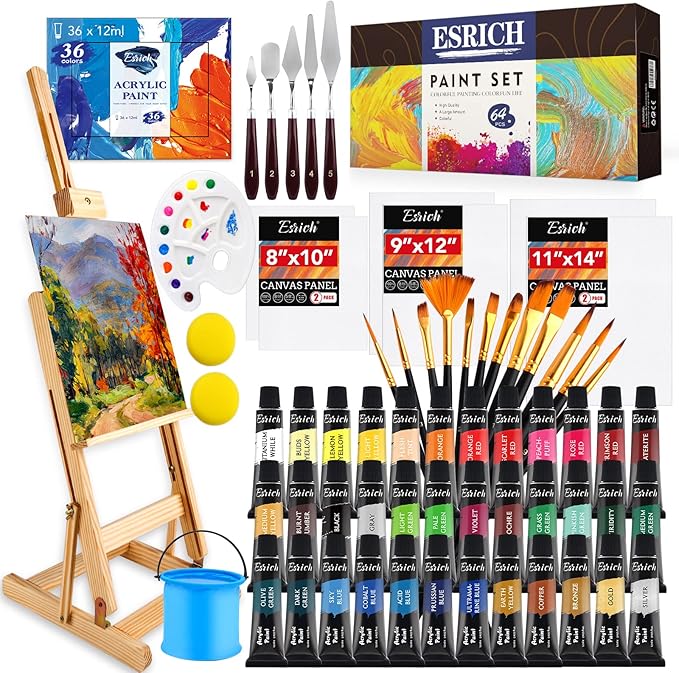 ESRICH Acrylic Paint Set, 64PCS Painting Supplies with Wooden Easel, Brushes, 36 Colors Acrylic Paint, Canvases, Palette, Paints Knives Etc, Painting Kit for Adults, Students, Hobbyists, Beginners