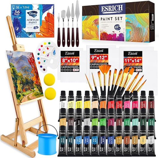 ESRICH Acrylic Paint Set, 64PCS Painting Supplies with Wooden Easel, Brushes, 36 Colors Acrylic Paint, Canvases, Palette, Paints Knives Etc, Painting Kit for Adults, Students, Hobbyists, Beginners