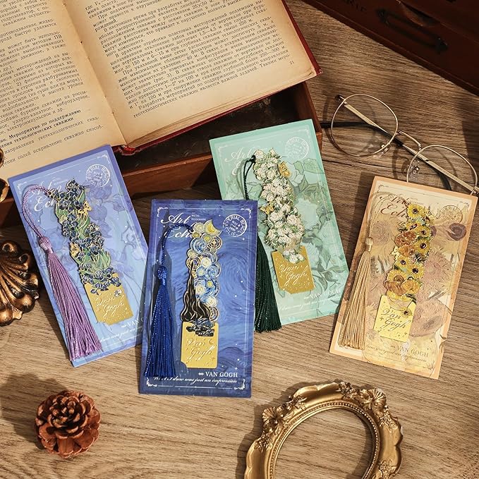 4 Pieces Metal Bookmarks with Tassel, Golden Hollow Bookmark Monet Oil Painting Theme Book Mark Bookmarks for Book Lovers Writers Readers Children Teens for Women Adults Teen