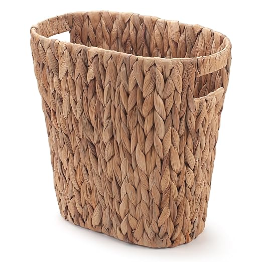 Bathroom Trash Can, Handwoven Wicker Trash Can with Handles for Bedroom, Living Roon, Kitchen, Bathroom and Office, Water Hyacinth Wicker Waste Basket, 1 Pack, 13"L x 7.5"W x 12.2"H, 3.2 Gallon