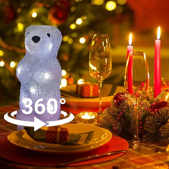 Anycosy Christmas Lighted Acrylic Bear Decoration,Rotating Battery Operated Lights for Indoor Use,Perfect for Tabletop, Windowsill, Mantel, and Bedroom