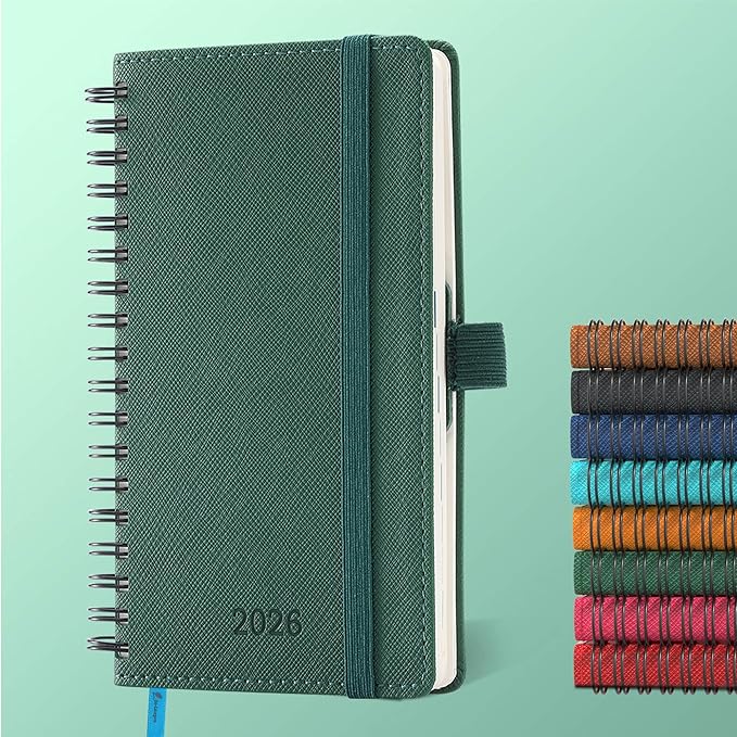 Planner 2026 Daily Weekly and Monthly,6.5"x3.75",12 Months Spiral Bound Calendar Agenda with Self-adhesive Pen Holder,2026 Appointment Book with Vegan Leather Soft Cover,Green
