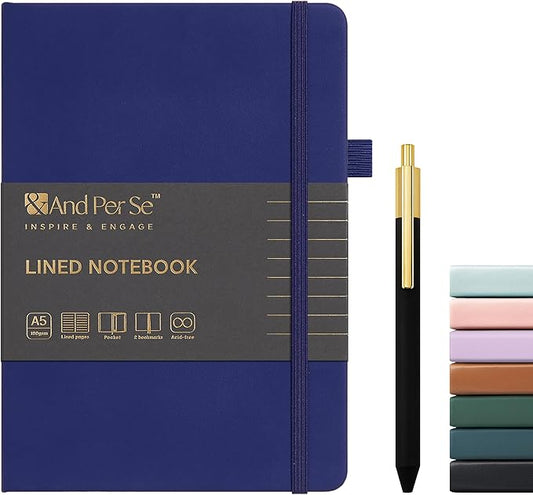 A5 Lined Leather Journal and Pen Set, Hardcover Notebook with Pen, 160 Pages 100gsm Thick Ruled Paper for for Women Men Work Business School or Home Writing, 5.7'' x 8'' (Royal Blue)