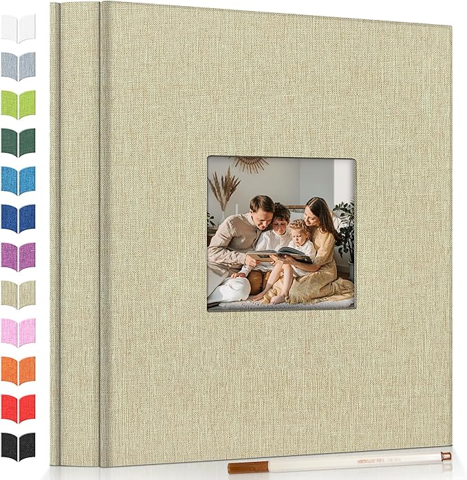 Photo Album Self Adhesive Scrapbook Album for 3x5 4x6 5x7 8x10 Pictures,60 Pages Linen Cover with Display Window DIY Photo Book,Ideal Gifts for Family Travel Wedding Baby