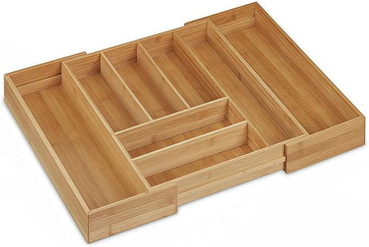 Bamboo Drawer Organizer - Expandable Kitchen Utensil Holder, Adjustable Silverware Drawer Organization, Kitchen Wooden Tray for Cutlery, Flatware & Stationery, 6-8 Slots (Natural)