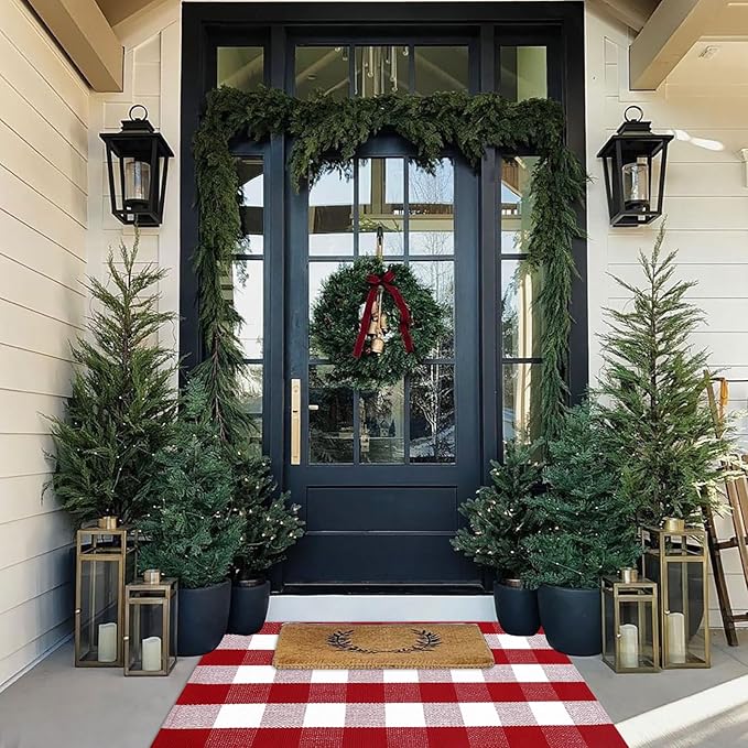 Christmas Plaid Outdoor Rug, 2'4" x 3'7" Red&White Check Indoor/Outdoor Area Rug, Layering Rug for Hello/Welcome Door Mat, Machine Washable Cotton Woven Rug for Farmhouse Front Porch,Entryway