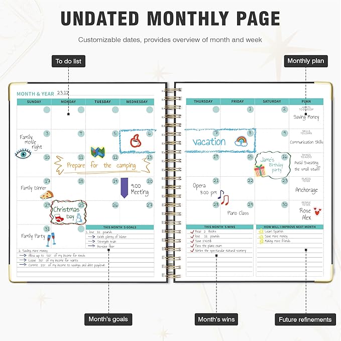 Ospelelf Spiral Bound Undated Daily Weekly Monthly Student Planner 2025 - Black Hourly Work Planner, Hardcover, 8.5 x 11