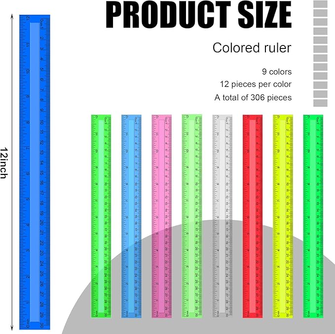 Panelee 306 Pcs 12 Inch Plastic Ruler Color Transparent Ruler Assorted Color Metric Clear Ruler with Inches and Centimeters for Kids School Home Classroom Office Back to School Gifts Supplies