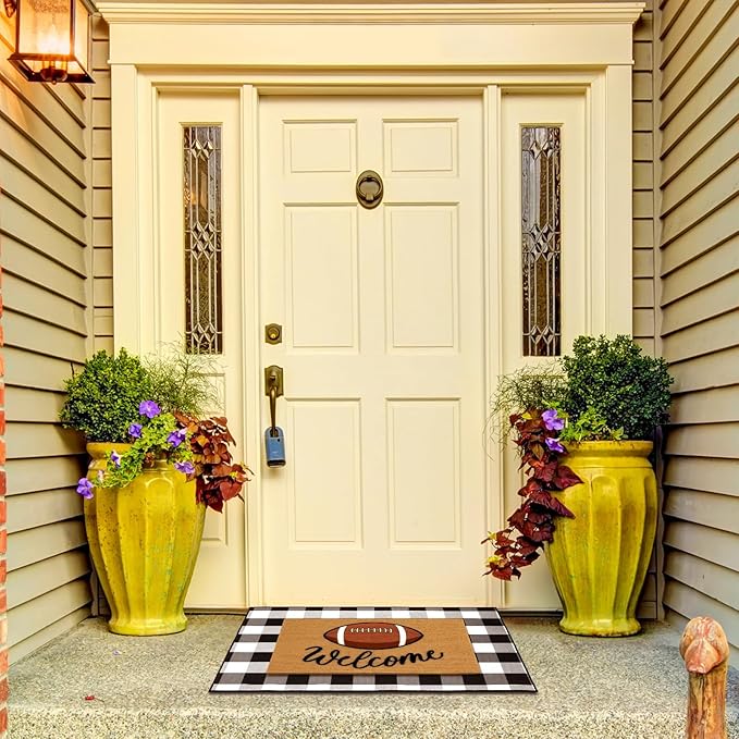 2 Pcs Football Front Porch Rug Buffalo Plaid Football Door Mat Imitation Coco Coir Football Welcome Layering Rug for Outdoor(Black and White 1,28 x 43 Inch,Football)