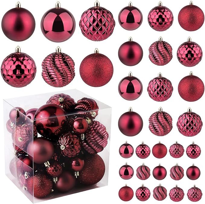 Christmas Balls Ornaments -36pcs Shatterproof Christmas Tree Decorations with Hanging Loop for Xmas Tree Wedding Holiday Party Home Decor,6 Styles in 3 Sizes(Burgundy)
